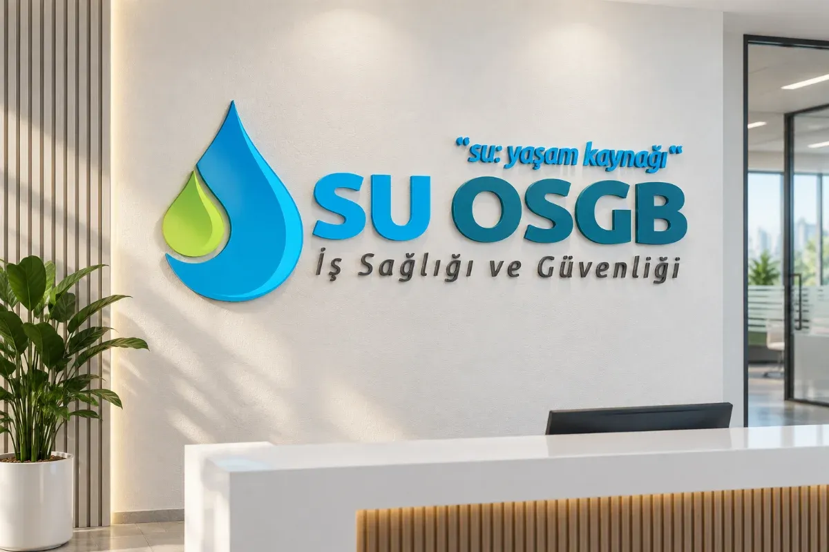 Duvarda SU OSGB logosu bulunan kurumsal karşılama alanı - temsili görsel